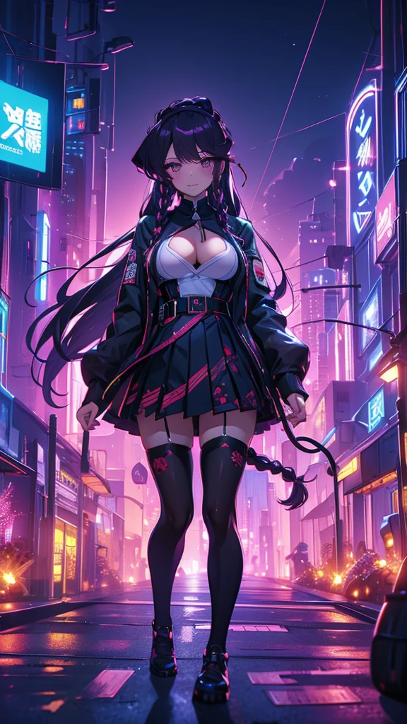 Komi Shouko wearing a mitsuri kanjori cosplay, mole, mole under eye, purple hair, long hair, purple eyes, smiling, ((large breasts)) +((black_special_pupil)), eyelashes, thick eyelashes, braids, twin braids, hair between eyes, long hair, large breasts, skirt, black skirt, pleated skirt, belt, white belt, long sleeves, jacket, white jacket, thighhighs, green thighhighs, open clothes, zettai ryouiki, haori, demon slayer uniform, japanese clothes, cleavage, sitting,crossed legs, old town, night time, moon, ((blush)), cute smile,naked tits,show tits,free the nipple,show, headphones, near a well-detailed black car, on a track in a large city at night, perfect lighting,HDR, ultra resolution , very detailed, masterpiece, ultra quality, 4K HD