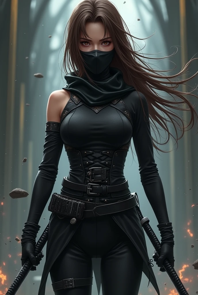 Anime girl who is a ninja,wear two katanas,wear a ninja outfit and armor and gloves,has long brown hair and wear a mask