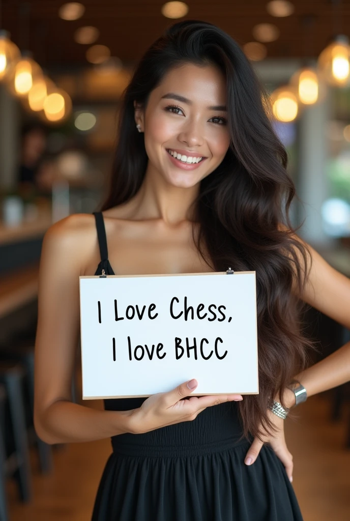 Beautiful Indonesian woman with wavy long hair, tanktop dress, cleaveless, holding one hand beside her hip, a white board with text "I Love Chess, I love BHCC" and showing it to the viewer. Background Caffeeshop. Longshot