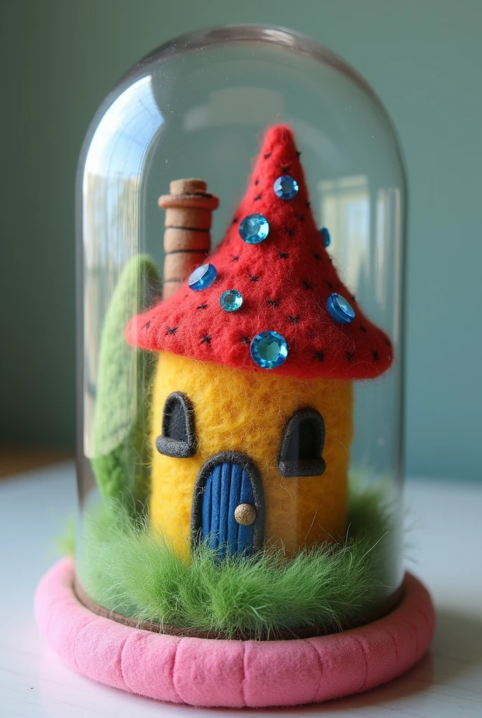 cloche en verre avec une maison de style tim burton animation ,carded wool to make the green grass of the rhinestones and a pink round base