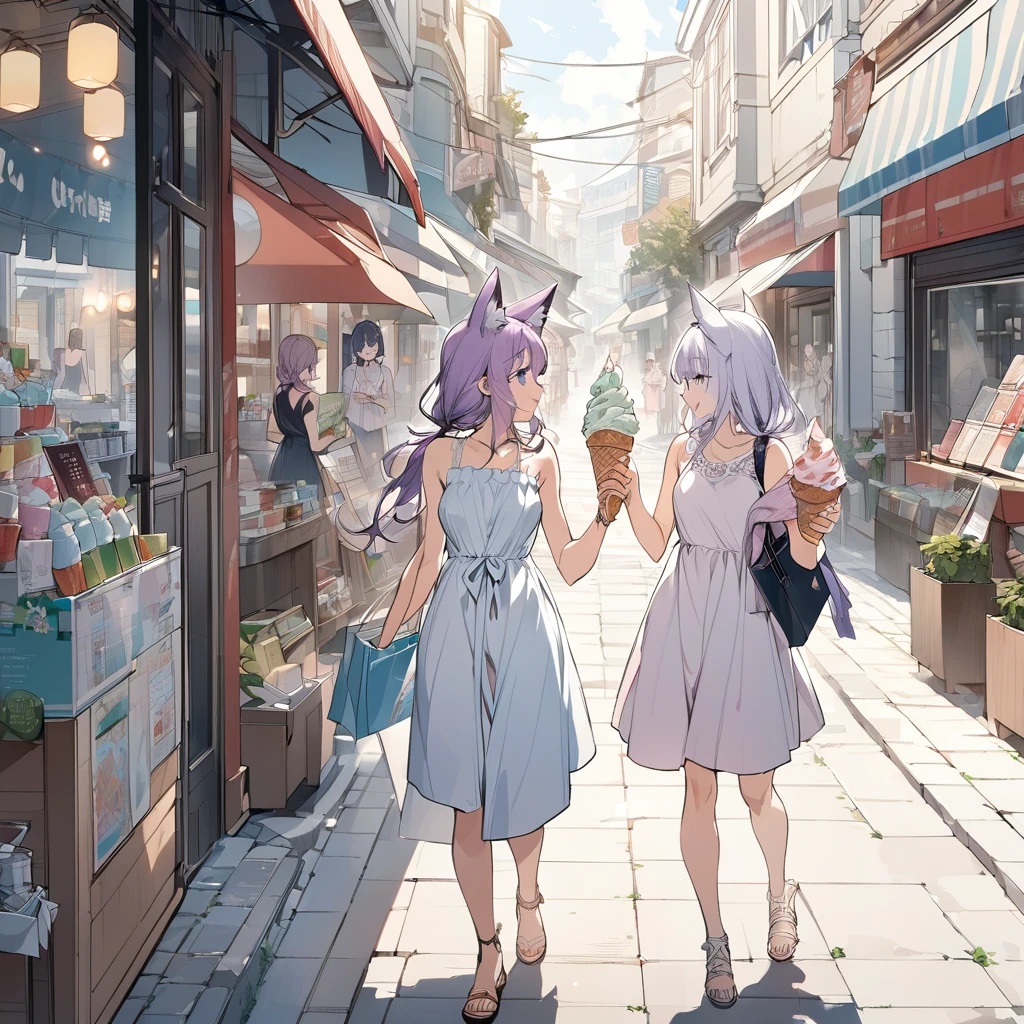 Two girls, one girl with pale purple low twintail hair, blunt bangs, pink sleeveless summer dress, the other girl with silver long hair, fox ears,blue eyes, white sleeveless summer dress, walking down a shopping street with a soft serve ice cream in one hand and chatting, masterpiece, detailed line drawing, illustration, official art