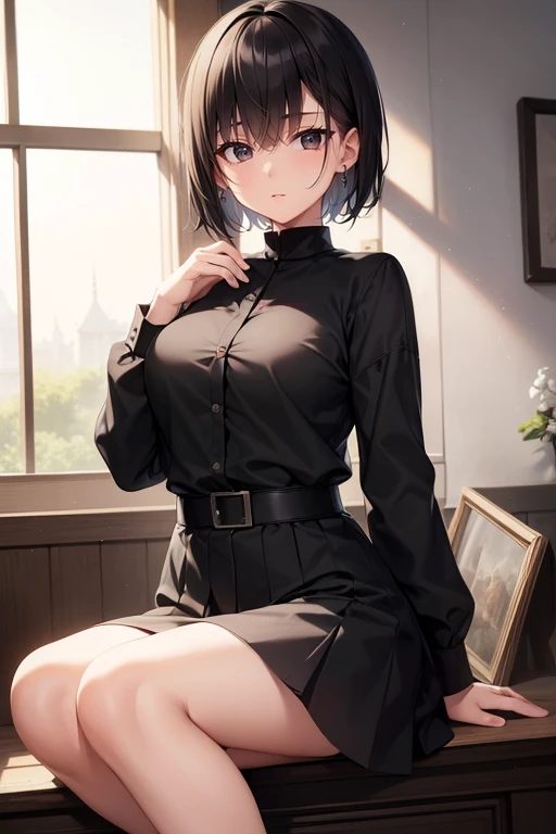 High resolution, masterpiece, Ruka Sarashina, short hair,wear military clothing black hair, (solo), 1girl, cute, interior, detailed eyes, (black eyes)