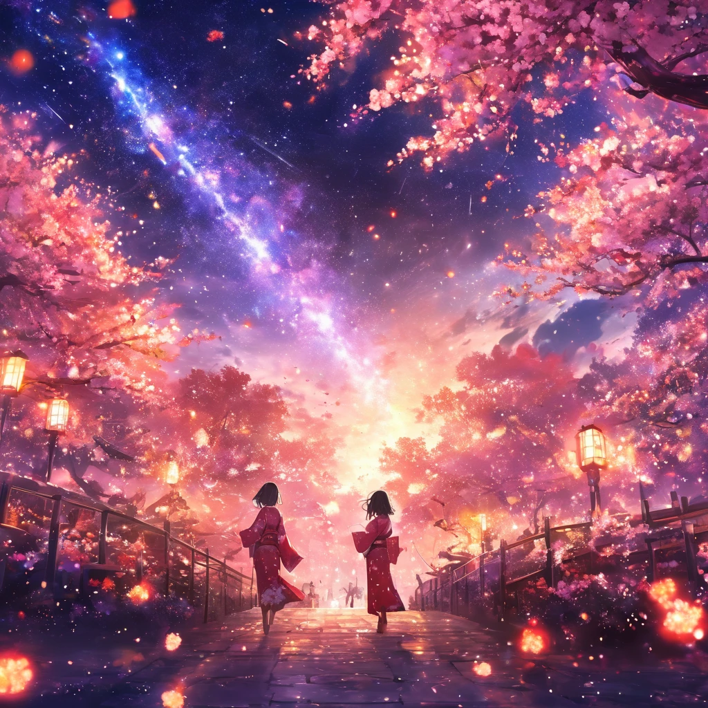 masterpiece, Concept Art, Panorama, in the center, shape, Wide Shot, flower garden, ,stardust, night, (meteor), Space galaxy background, (Great composition, Epic scale), Dynamic Lighting, Bright colors, cherry blossoms,A girl wearing a kimono,garden