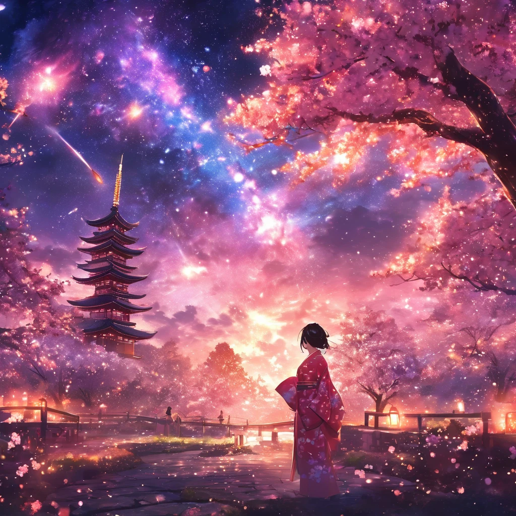 masterpiece, Concept Art, Panorama, in the center, shape, Wide Shot, flower garden, ,stardust, night, (meteor), Space galaxy background, (Great composition, Epic scale), Dynamic Lighting, Bright colors, cherry blossoms,A girl wearing a kimono,garden