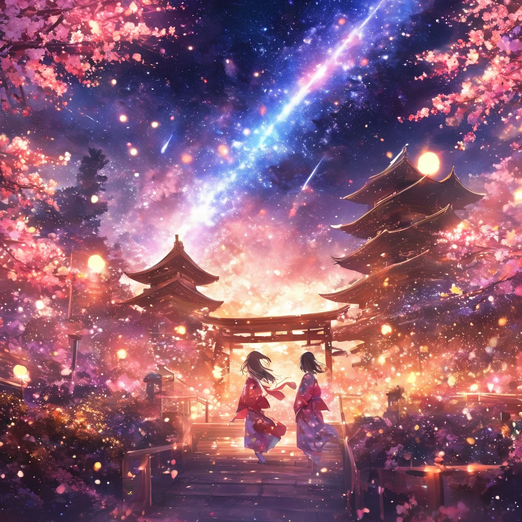 masterpiece, Concept Art, Panorama, in the center, shape, Wide Shot, flower garden, ,stardust, night, (meteor), Space galaxy background, (Great composition, Epic scale), Dynamic Lighting, Bright colors, cherry blossoms,A girl wearing a kimono,garden