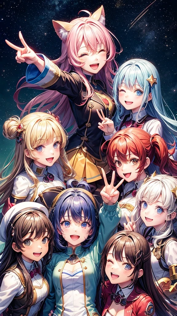 6+ girls, multiple colored hairs, random heroine clothes, random cute faces, game heroines, super happy smiling, open mouth, closed eyes, group shot, zoom camera, peace sign, happy end, starry sky