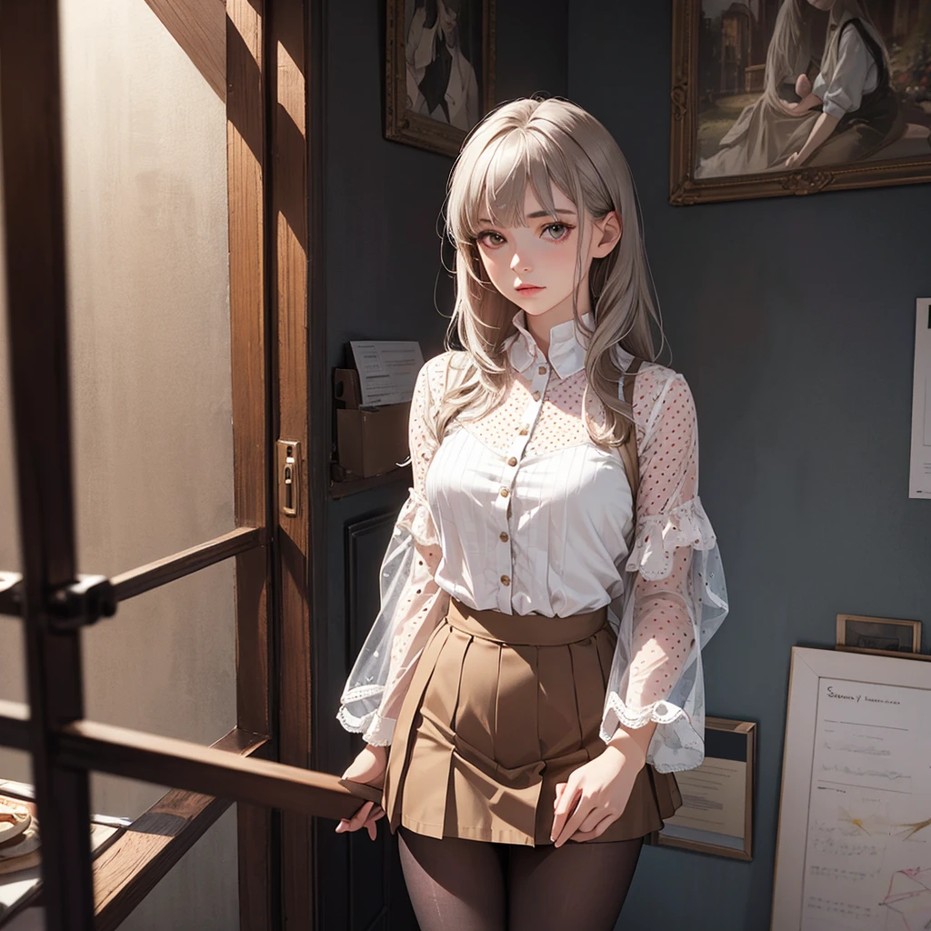 CG, Unity, 8k, wallpaper, Highest quality, masterpiece, Lovely lady, 18-year-old, Gray Hair, White skin, (pantyhose:1.3), (Realistic:1.2), Best lighting, Complex pupil, Brown ruffled blouse、Brown polka dot mini skirt、Transparent sleeves