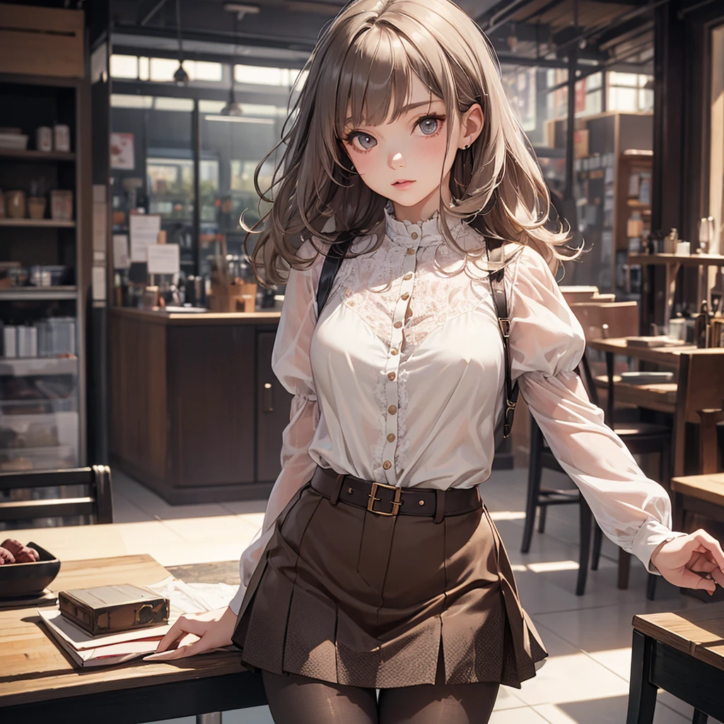 CG, Unity, 8k, wallpaper, Highest quality, masterpiece, Lovely lady, 18-year-old, Gray Hair, White skin, (pantyhose:1.3), (Realistic:1.2), Best lighting, Complex pupil, Brown ruffled blouse、Brown polka dot mini skirt、Transparent sleeves