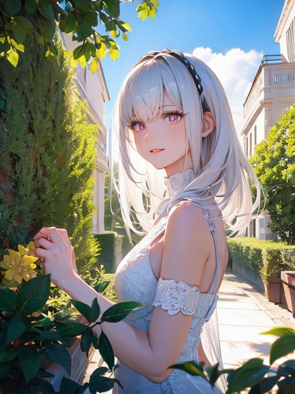 One girl,  White medium hair, Detailed pupils, Pale pink eyes, Center parted hair, White Dress, garden, noon, city, blue sky, beautiful, Dramatic Light, Strong Shadows, Nice views, Depth of written boundary, Cinema Lighting, ((masterpiece)), Attention to detail, high quality, 最high quality, High resolution, Staring at the audience,