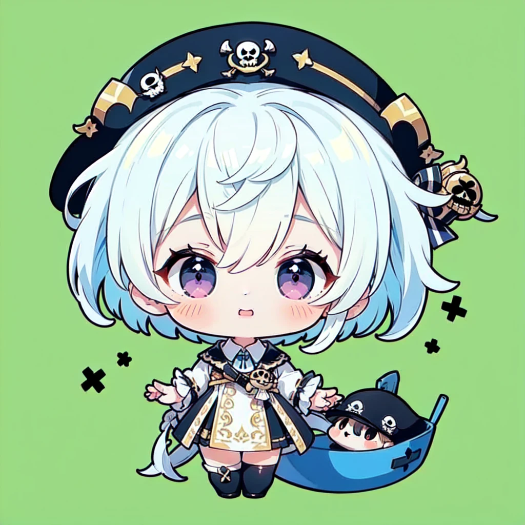 Chibi、((Body completed))、((High detail))、((high quality))、((Detail Hand))、1 girl、Long Hair、The hair on top is black、The hair underneath is dark blue、Ombre Hairstyles、Purple Eyes、Red and black pirate style、Pirate Hat、Chibiスタイル、Transparent Background、centered position。