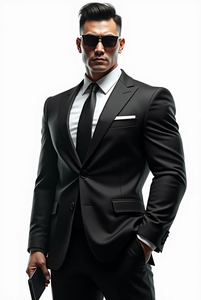 Asian strong buff man(He is strong,buff,confident, wears a suit and sunglasses and look fearless.)hand up phone with white background