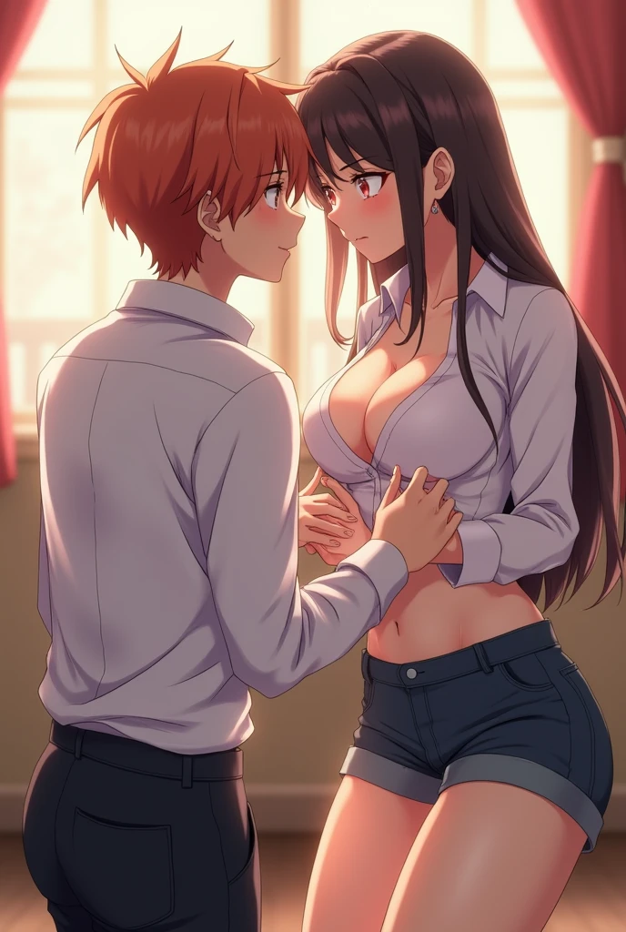 brunette in a strict unbuttoned shirt, without pants, kneeling in front of a guy gently sucks his dick in anime style