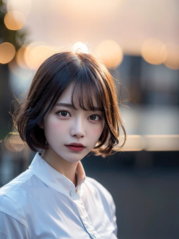 (Highest quality, 8k,32k, Masseter muscle area, Hmph:1.2), (close-up:1.3), solo girl, (Slim figure:1.2), (Lips), double eyelid, Glowing Skin, Realistic Layer, Beautiful face, Highly detailed face, (Disgruntled), (short hair:1.4), Blurred Background, (Front Focus), (dark:1.6),(realistic, photo-realistic:1.4), (extremely detailed 8k wallpaper), Fantasy art, Professional lighting, (Illuminate half of the model's face, creating dramatic chiaroscro effects:1.4), (blue Hour Light, backlighting:1.4), (White formal shirt:1.2), outdoor, (at sunset:1.2)