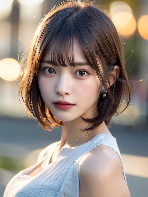 (Highest quality, 8k,32k, Masseter muscle area, Hmph:1.2), (close-up:1.3), solo girl, (Slim figure:1.2), (Lips), double eyelid, Glowing Skin, Realistic Layer, Beautiful face, Highly detailed face, (Disgruntled), (short hair:1.4), Blurred Background, (Front Focus), (dark:1.6),(realistic, photo-realistic:1.4), (extremely detailed 8k wallpaper), Fantasy art, Professional lighting, (Illuminate half of the model's face, creating dramatic chiaroscro effects:1.4), (blue Hour Light, backlighting:1.4), (White formal shirt:1.2), outdoor, (at sunset:1.2)