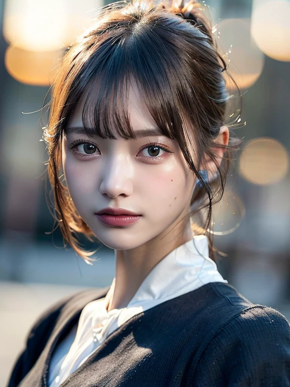 (Highest quality, 8k,32k, Masseter muscle area, Hmph:1.2), (close-up:1.3), solo girl, (Slim figure:1.2), (Lips), double eyelid, Glowing Skin, Realistic Layer, Beautiful face, Highly detailed face, (Disgruntled), (short hair:1.4), Blurred Background, (Front Focus), (dark:1.6),(realistic, photo-realistic:1.4), (extremely detailed 8k wallpaper), Fantasy art, Professional lighting, (Illuminate half of the model's face, creating dramatic chiaroscro effects:1.4), (blue Hour Light, backlighting:1.4), (White formal shirt:1.2), outdoor, (at sunset:1.2)