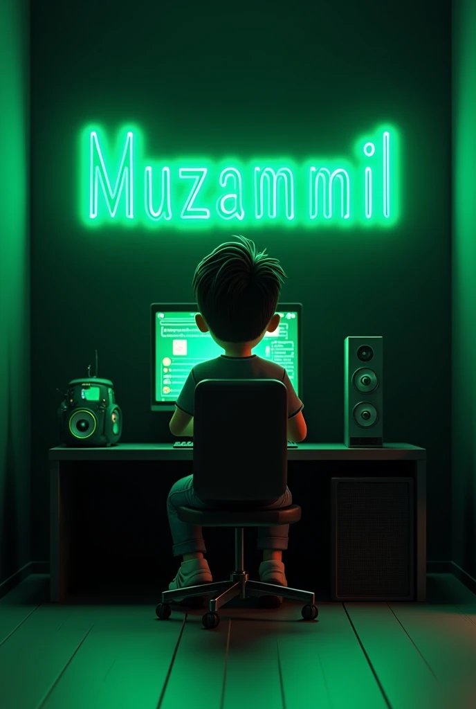 Create a 3D illusion of an animated character who is sitting on the chair in front of the Gaming PC and he is wearing a casual jeans and shirt . The background are black and "Muzammil"  written on the black wall where the name muzammil is glowing in green color 