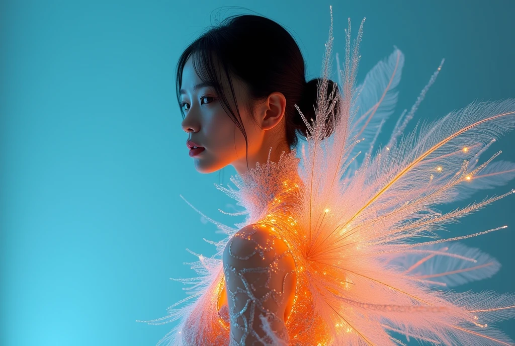 fashion editorial photography, medium shot of an asian model wearing futuristic dress made out of feathers and crystals,The clothes are made of strands of silk, interwoven in silver,medium shot of an asian model,Blue background,Orange contrast,Tech patterns, Dynamic silhouette, Virtual devices, Light effects and particles, Futuristic typography, Dynamic movement,Abstract geometry