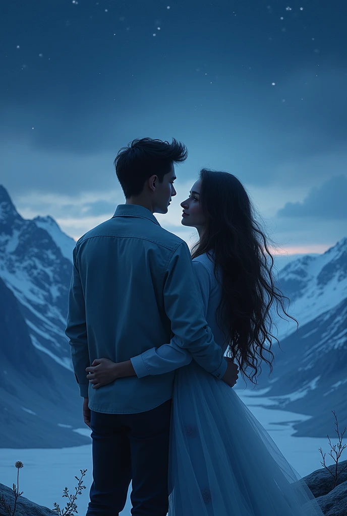 Beautiful girl with wavy long hair,  with her boyfriend on the montain,or glacier at night 
