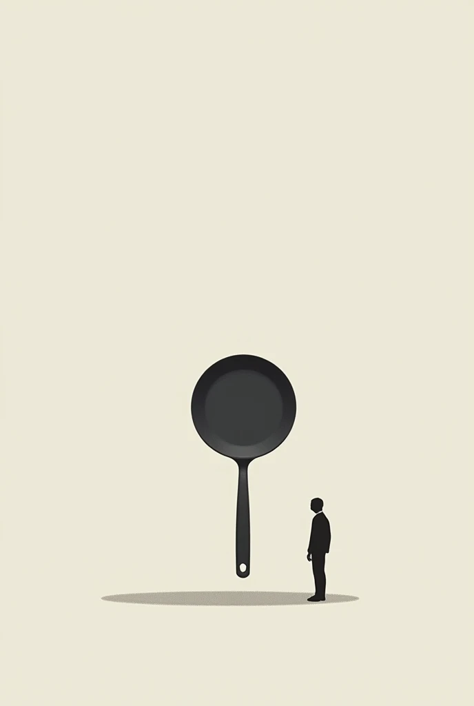 The frying pan should stand vertically on its side. , he shouldn't have a hand, legs, eyes, mouth, nose