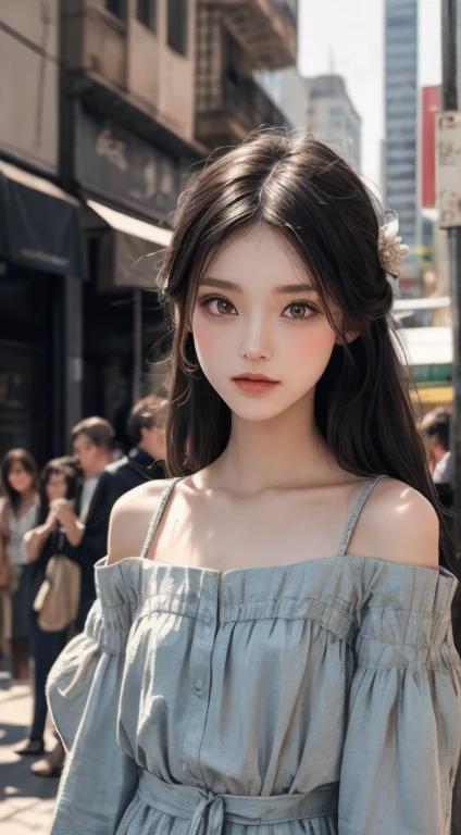 最high quality, masterpiece, High resolution, One girl, Hanfu, Tang Dynasty Costume, small, Flat Chest, clavicle, Off-the-shoulder exquisite look, Realistic, Real People, (Skin with attention to detail: 1.4), SLR, Soft Light, high quality, photograph, High resolution, Background blur, Vintage Street