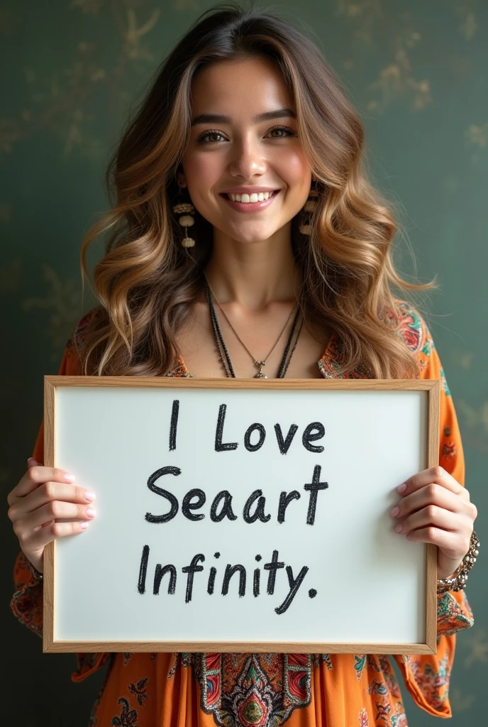 Beautiful girl with wavy long hair, bohemian dress, holding a white board with text "I Love Seaart Infinity" and showing it to the viewer