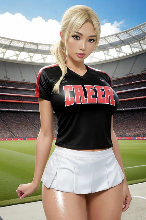 ((One Cheerleader 1.5)), ((Japanese women in their late 30s)), Cheerleaders at the stadium, ((Black cheerleader uniform 1.3)), ((White mini skirt 1.3)) , (Knee High Socks 1.4), ((Sweaty 1.5)), (((Blonde 1.6))), Red lips, Shadow Eye, Sexy makeup,(( Beautiful and big breasts 1.1)), Thighs , ((Shiny skin 1.4)), high resolution,(Realistic Photo,Realistic photos), ((Beautiful and slender body)), (Stadium Background), Captivating woman, high quality, Highly detailed skin