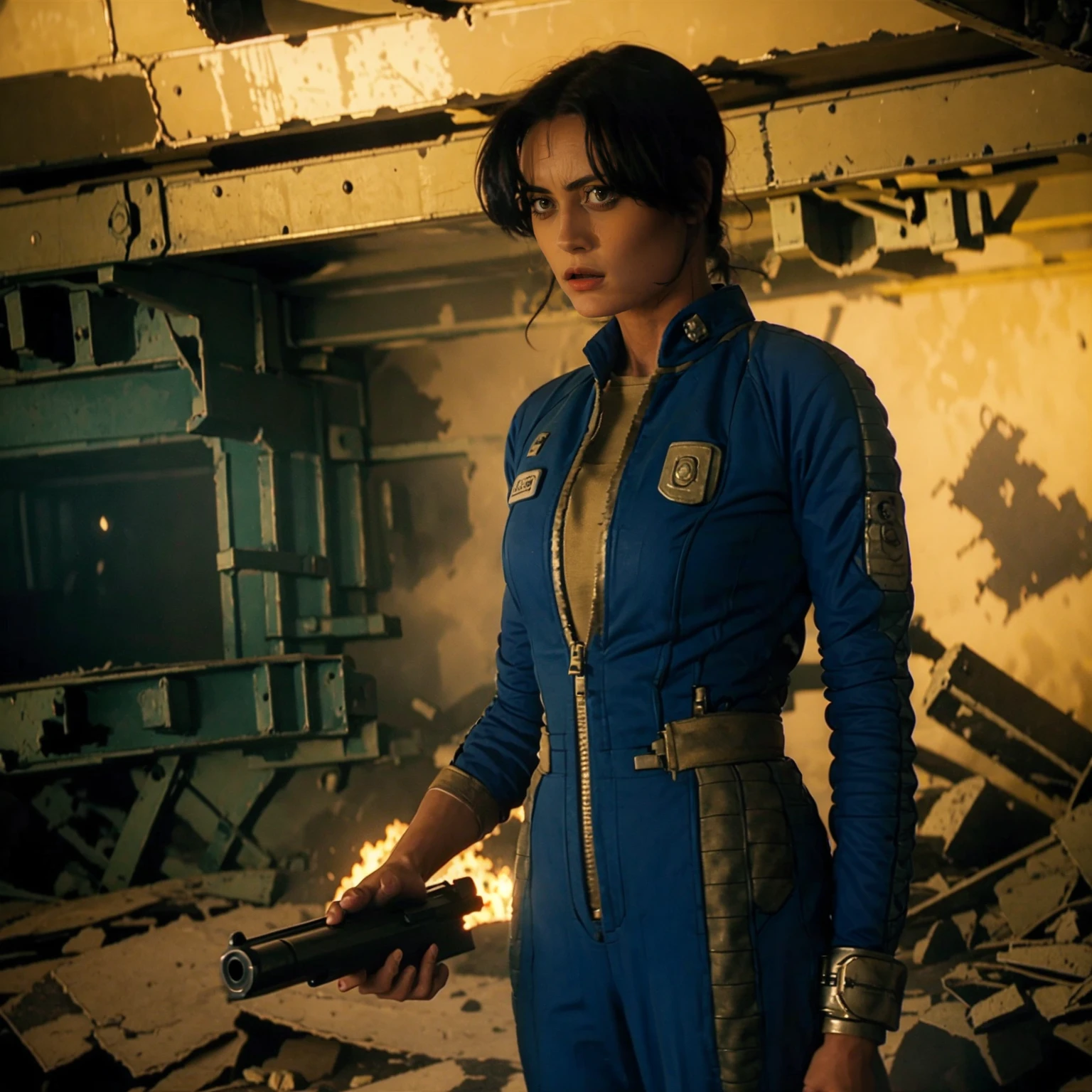 (One person). Fallout TV series. Inside a dimly lit large wreaked smoky room in a post-apocalyptic (casino) in Las Vegas. Vaultsuit Lucy, a 25 year-old vault dweller wearing a blue and gold vaultsuit unzipped top with bloodstains on the t-shirt underneath, her black hair disheveled, with a large ((gun)) in her hand, standing ready to defend herself.  Dark room with smoke and small fires in the rubble. Menacing shadows. Dramatic. Cinematic. realistic colors, realistic, photo-realistic. 