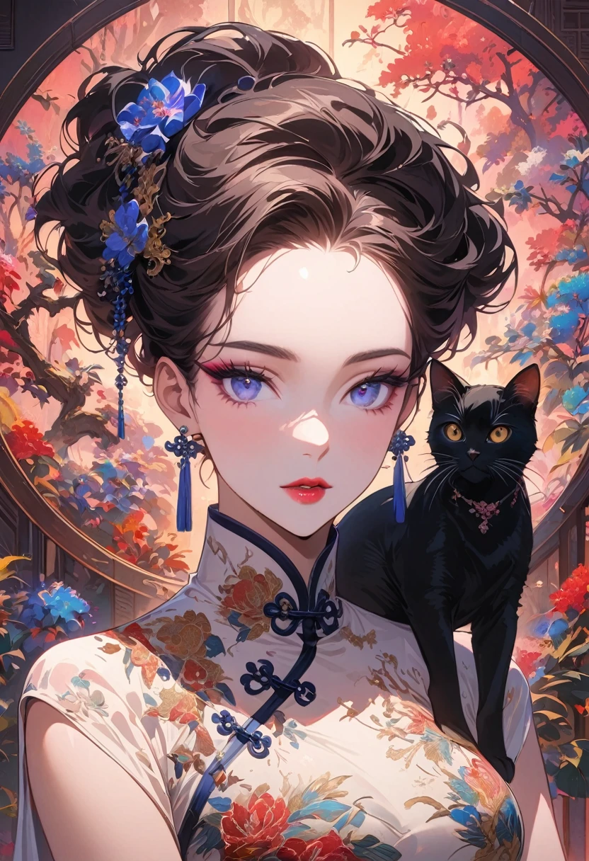 A sexy mature woman wearing a Chinese cheongsam,with black cat,illustration,high fashion,beautiful detailed eyes,beautiful detailed lips,long eyelashes,fabulous makeup,vibrant colors,pose,glamorous background,stylized lighting,editorial style,Chinese cultural elements,exquisite embroidery,detailed patterns,modern twist,feminine charm,sophisticated,futuristic,chic hairstyle,elaborate accessories,alluring,luxurious fabric,graceful movement,confident expression,ethereal ambiance,colorful composition,impeccable attention to detail,modern elegance,expressive eyes,dramatic lighting,seamless blending,artistic flair,rich textures,immaculate fashion sense,colored lights,sensual ambiance,bold fashion statement,portrait style,stylish composition