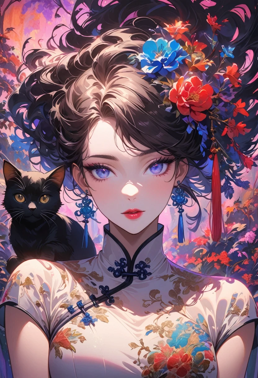 A sexy mature woman wearing a Chinese cheongsam,with black cat,illustration,high fashion,beautiful detailed eyes,beautiful detailed lips,long eyelashes,fabulous makeup,vibrant colors,pose,glamorous background,stylized lighting,editorial style,Chinese cultural elements,exquisite embroidery,detailed patterns,modern twist,feminine charm,sophisticated,futuristic,chic hairstyle,elaborate accessories,alluring,luxurious fabric,graceful movement,confident expression,ethereal ambiance,colorful composition,impeccable attention to detail,modern elegance,expressive eyes,dramatic lighting,seamless blending,artistic flair,rich textures,immaculate fashion sense,colored lights,sensual ambiance,bold fashion statement,portrait style,stylish composition