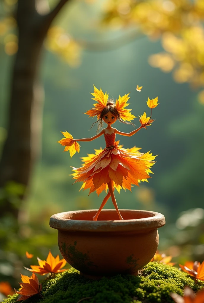 A whimsical miniature figure Crafted from delicately arranged autumn leaves dances gracefully on the rim of a weathered moss covered terracotta pot. it is set against a lush ,vibrant forest backdrop where dappled sunlight filters  through he canoply above casting intricate shadows the scene has an ethereal asthethic with warm earthly tones of sienna umber and olive green accented by paints of emmeraid golden wonder and enchantment as if plucked from fantastical realm