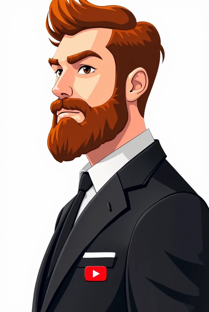 
The image shows a stylized illustration of a man with bright brown, hair and a full beard that matches the hair color. His facial features are sharp and angular, giving him a strong and striking appearance. The man is dressed in a formal black suit, white shirt, and black tie, giving him a professional look. The suit contrasts with his vibrant hair and beard. The background of the image is transparent, allowing the character to stand out. Additionally, there is a small red YouTube play button icon on the lapel of his suit jacket, suggesting a connection to YouTube content creation. The overall style of the illustration is modern and dynamic, with a focus on bold colors and strong contrasts. he is turned to the side