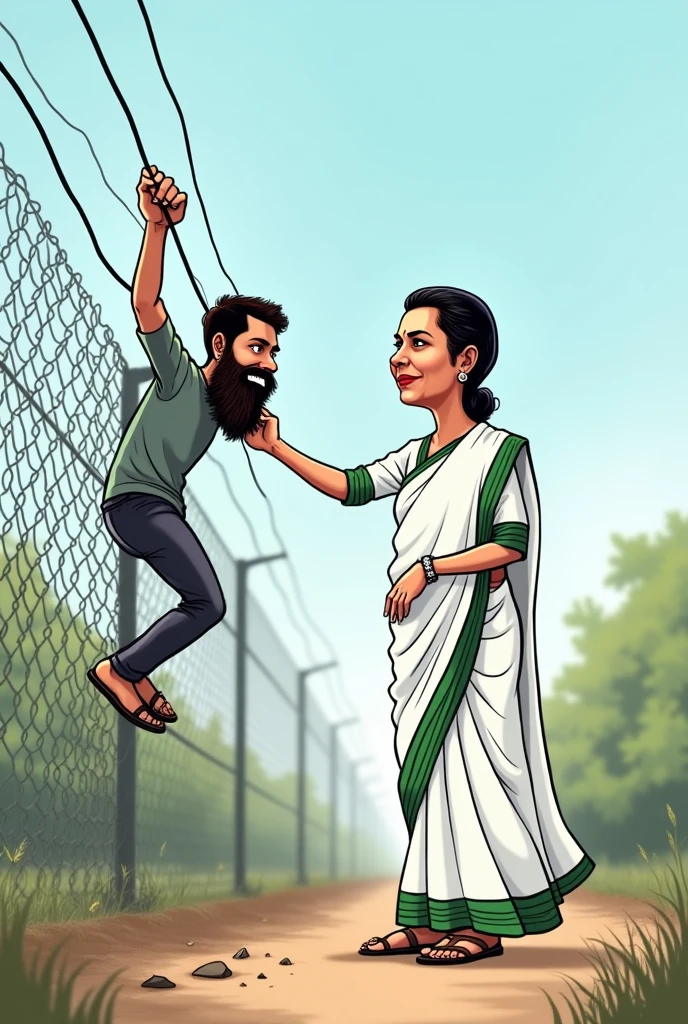 Mamta benergee in at bangladesh boarder wearing white saree and remove the bar hanging rope taken the bangladeshi man hanging over the fencing wire and show her hand to bangaladeshi man with big beard hand grab him over the fencing with mercy hand given him into the Indian boarder funny image cartoon character