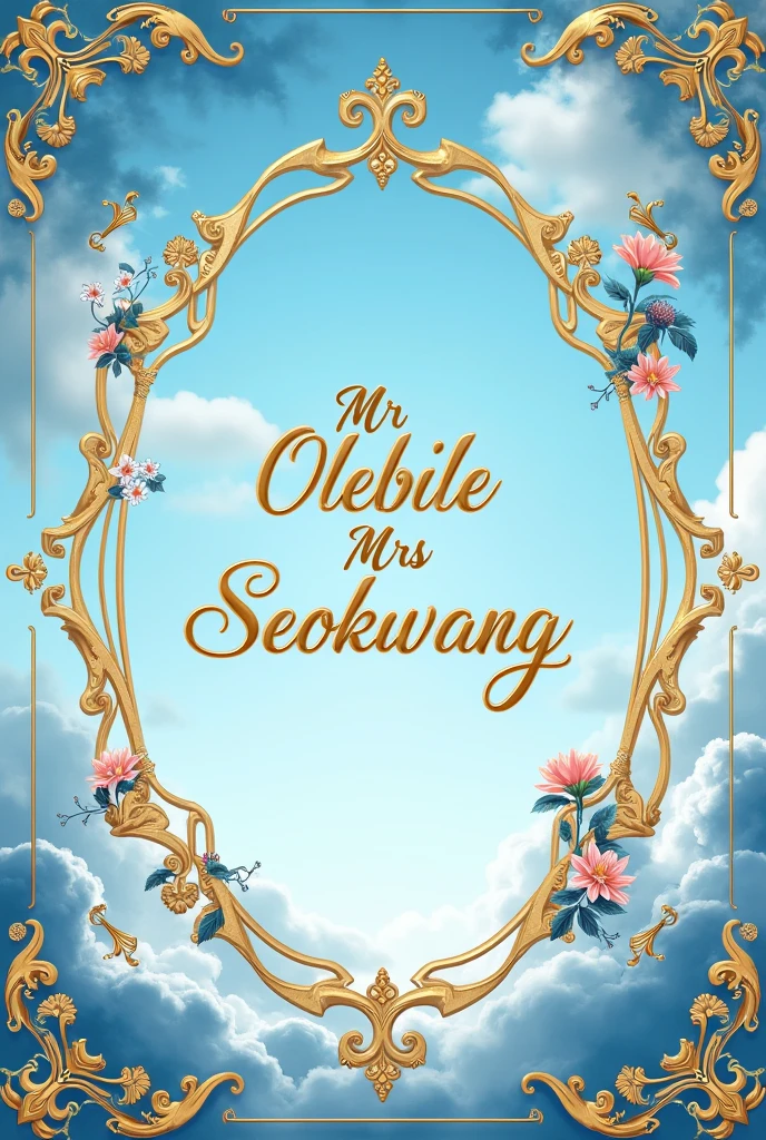 A sky blue and gold Wedding card for Mr Olebile & Mrs Seokwang no photos