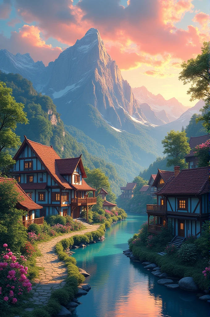 a small village by the river, mountains in the background, floral flowers colorful, detailed landscape, Beautiful natural landscapes, atmospheric lighting, scorching sunset, warm colours, practical, photopractical, Detailed Foliage, complex buildings, cobblestone street, Charming country house, swirly vibrant colors, lush vegetation, Still water reflections, Picturesque, idyllic, work of art, best qualityer, 8k, extremely detaild,anime styling