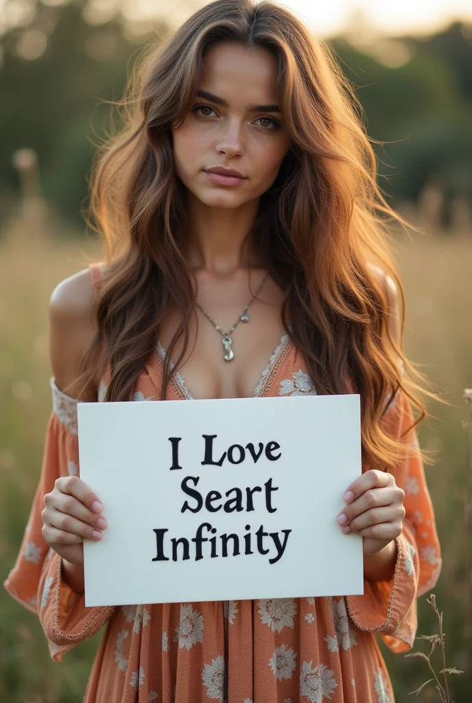 Beautiful girl with wavy long hair, bohemian dress, holding a white board with text "I Love Seaart Infinity" and showing it to the viewer