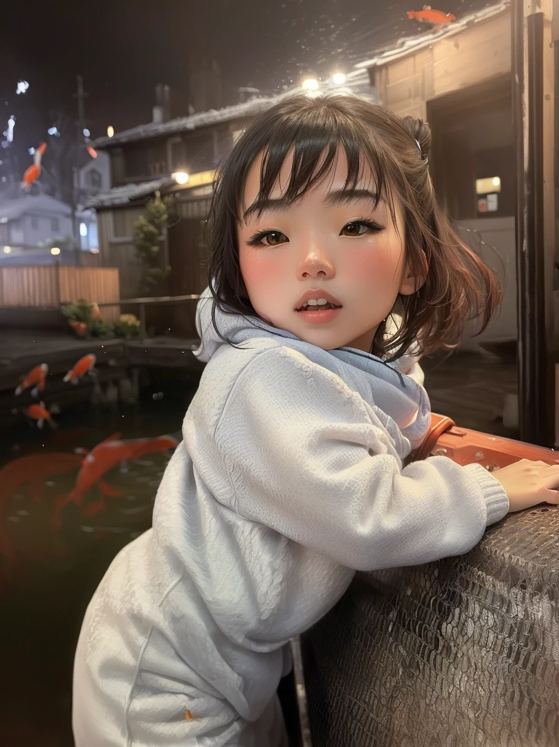 girl in red sweater swimming with koi fish, Asian girl 