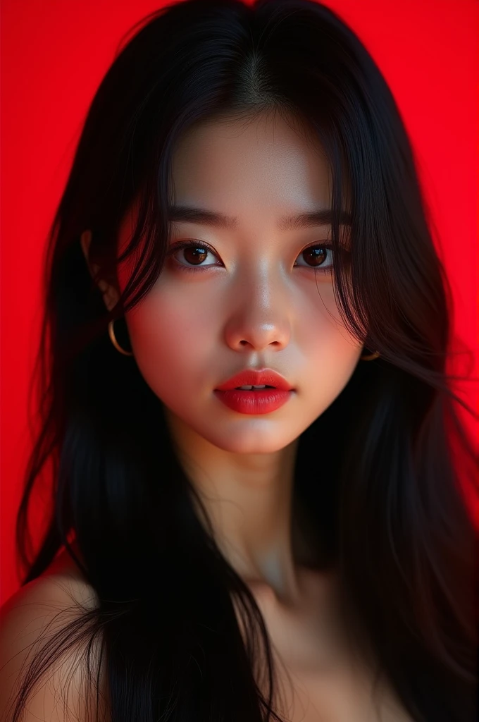 masterpiece, ultra-realistic, 20 years old, 8k, hd, beautiful girl, black hair, very long hair, straight hair, closed mouth,1girl, detailed face, beautiful woman's face, naked , plumpy, red background, looking to viewer, 85mm lens, cinematic light