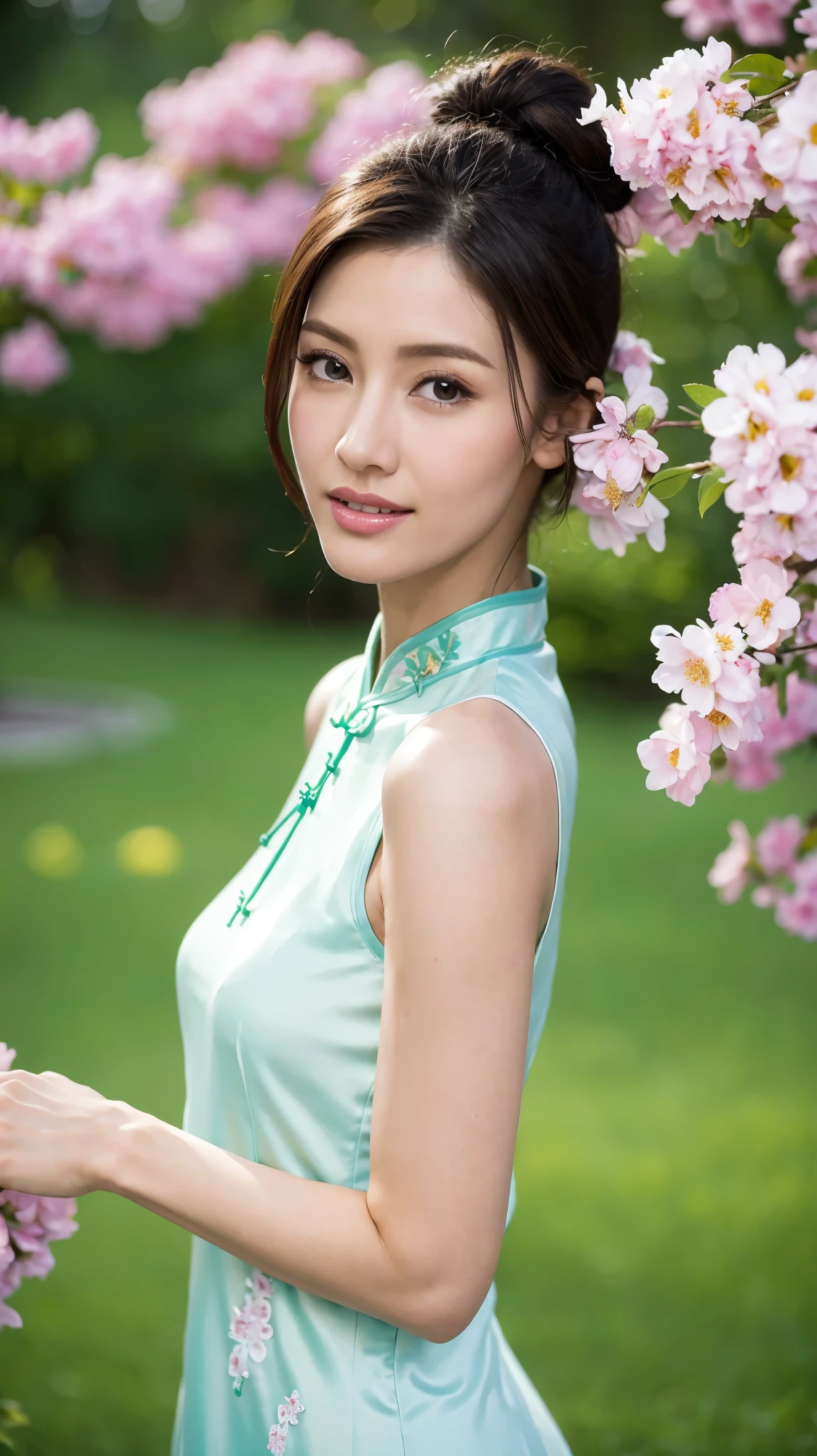 1 fashion model 18 years old [[[[close up]]]], [[[[neck]]]], [[[[Shoulder]]]], (((Complete head)))，(((Complete hairstyle)))，Perfect eyes, Perfect Iris，Perfect lips，Perfect Teeth，Perfect skin，White skin，Soft headlight，High-density imaging，（Clean and delicate face），((Color cheongsam))，((full-body shot))，((Various dynamic poses))，((Background with flowers and green trees))，best quality，masterpiece，（Soft colors：1.2）