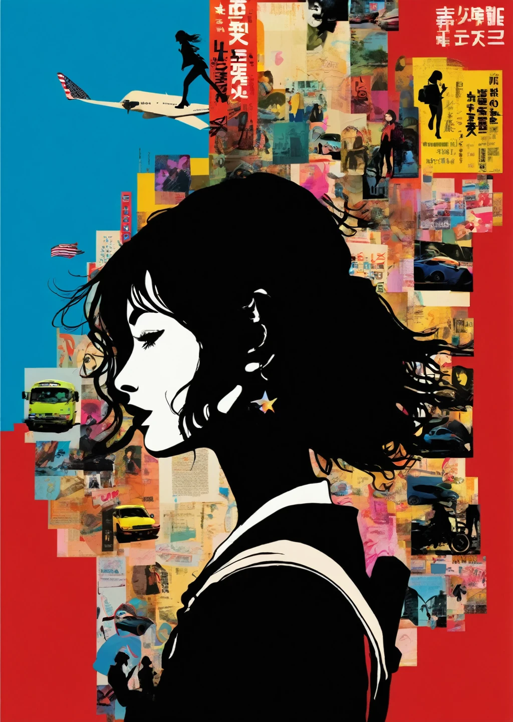 1 female student、Trip to Shibuya、silhouette、Realistic、 theme、 summary, American, collage, Digital, graphic design, Pop Art, Portraiture