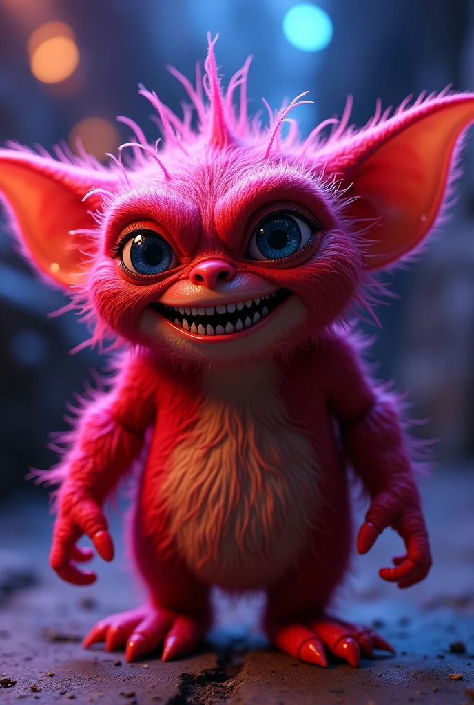 CGI! red germ monster character. Highly detailed. Scary but charming. gremlin. tribbles. minions. stop motion! purple and blue lighting!