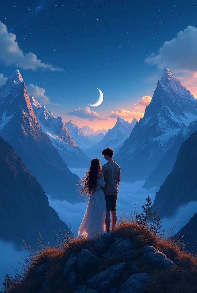 Beautiful girl with wavy long hair, with her boyfriend on the mountain at night