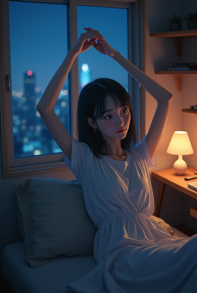 This photo was taken from an overhead angle.、beautiful japanese woman、It looks like he is studying hard in his room at night.。She has finished her studies、Raise your arms、I am stretching。You can see the night view of the city from the window。You can concentrate on your studies in the calm atmosphere of the evening.。