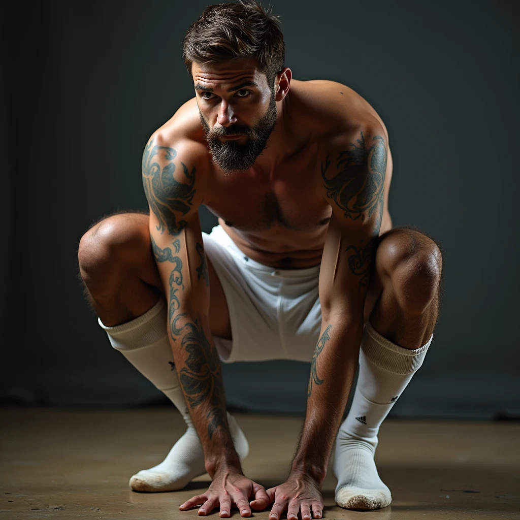 sexy dilf white coach daddy soccer player squatting over the viewer, white socks, adidas socks, dirty socks, showing feet, dark features, beard, indoor lighting, hairy, proportionate body, sport calf high socks, man spread, male focus, squat, short hair, lean body, showing hairy gaping anus, beautiful detailed erect penis, brown hair, full body tattoos, toned body,