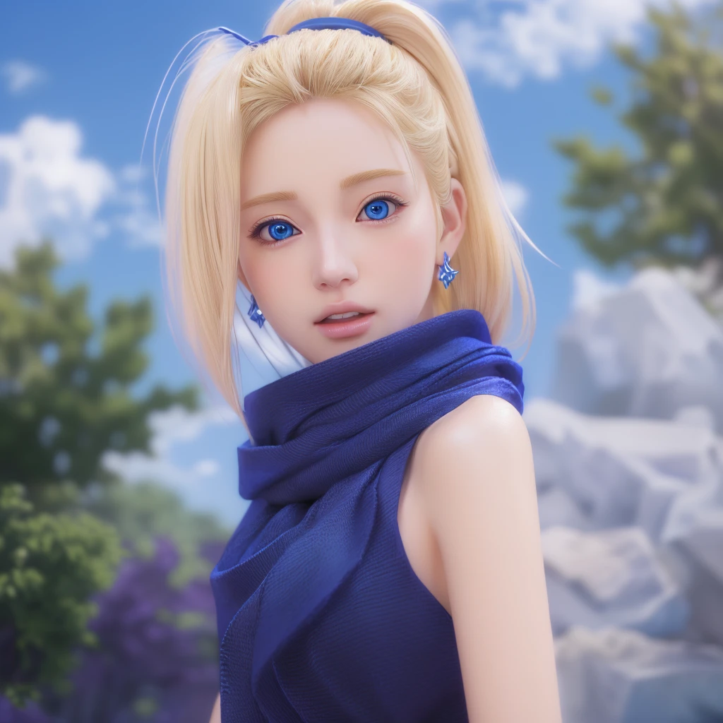 Blonde hair girl with blue eyes and a blue scarf, Realistic Anime 3D Style, Anime Style. 8k, Realistic anime art style, Photorealistic Animation girl render, Smooth anime CG art, 8k artgerm bokeh, Ultra realistic anime, Photorealistic Animation, Trending on cgstation, Anime realism style, Created by Anime Painter Studio