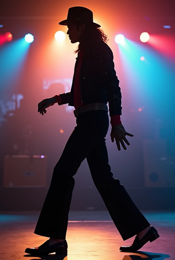 A dynamic silhouette of Michael Jackson performing the moonwalk in side profile. BREAK The dark shadow outline shows his iconic pose and outfit, including the fedora hat, sequined glove, jacket, and loafers. BREAK The background is a stage with dramatic, colorful lighting and beams that create a striking contrast against his silhouette. BREAK The scene is captured in a cinematic style, with professional photography techniques highlighting the smoothness of his movement and the intensity of the moment. BREAK The overall atmosphere is filled with energy, showcasing the legendary moonwalk in a visually stunning and memorable way