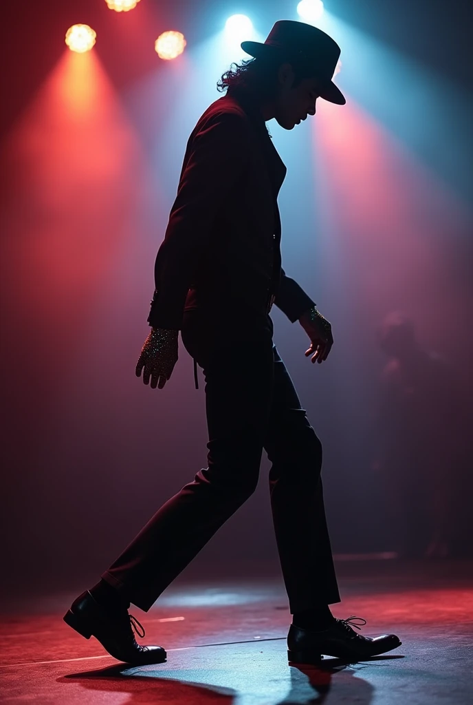A dynamic silhouette of Michael Jackson performing the moonwalk in side profile. BREAK The dark shadow outline shows his iconic pose and outfit, including the fedora hat, sequined glove, jacket, and loafers. BREAK The background is a stage with dramatic, colorful lighting and beams that create a striking contrast against his silhouette. BREAK The scene is captured in a cinematic style, with professional photography techniques highlighting the smoothness of his movement and the intensity of the moment. BREAK The overall atmosphere is filled with energy, showcasing the legendary moonwalk in a visually stunning and memorable way