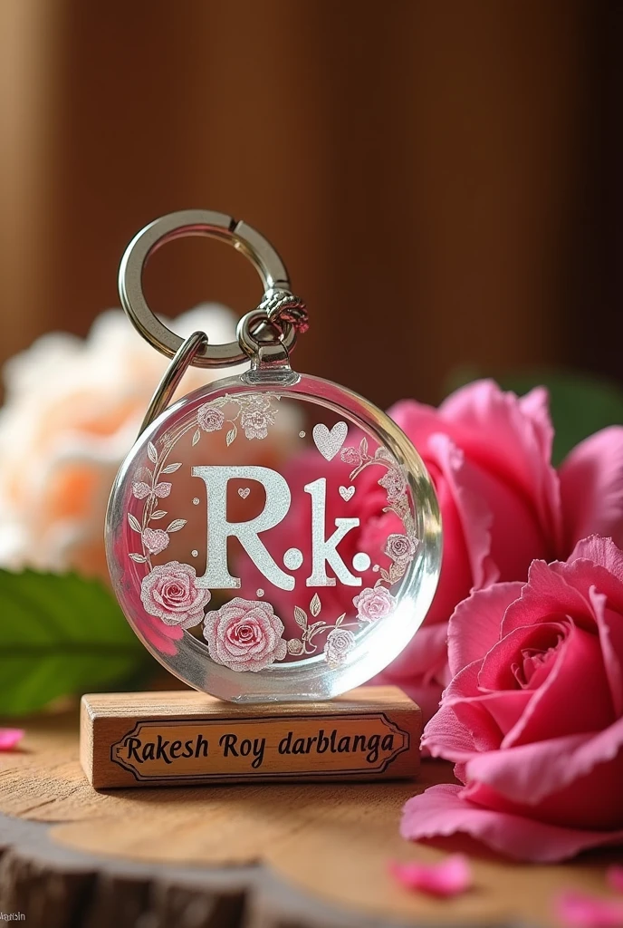 This image depicts a beautiful, glass white keychain and ornament featuring the letter "R.k" adorned with roses and hearts, placed beside a pink flower. Below the golden keychain, there is a name plate with the name"Rakesh Roy darbhanga" on it the clearly bold latters. The scene is set against a warm wooden background, 16k HDR quality picture.