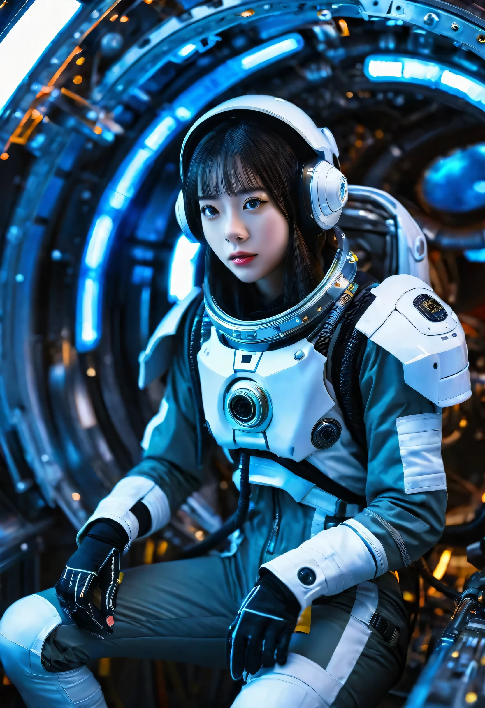 Candid photo of a female engineer repairing the engine of a huge spaceship, Wearing a tight futuristic space suit, masterpiece, (Beautiful and big eyes:1.1), Intricate details, Very complex iris, close, Neon Light, thick smoke, Cyberpunk atmosphere, Flash lighting, Shot with a Bolex H16, Expired Ektachrome film
