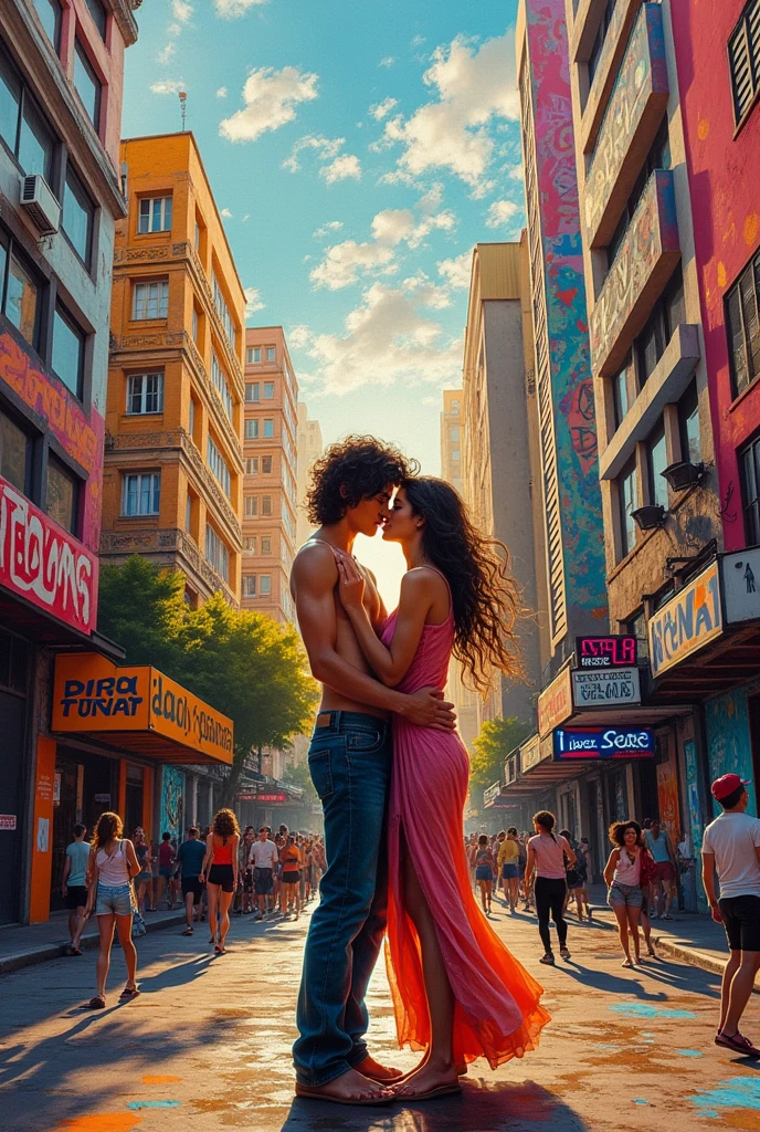 Romeo and Juliet, without clothes, barefoot, stand on the street, in N. Y.