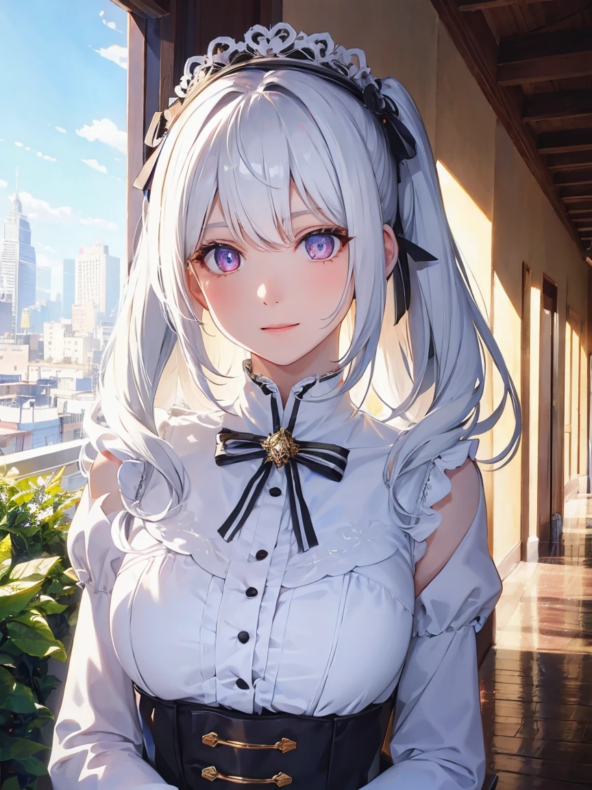 One girl,  White medium hair, Center parted hair, White Dress,  Detailed pupils, Pale pink eyes,Black thin ribbon, garden, noon, city, blue sky, beautiful, Dramatic Light, Strong Shadows, Nice views, Depth of written boundary, Cinema Lighting, ((masterpiece)), Attention to detail, high quality, 最high quality, High resolution, Staring at the audience,